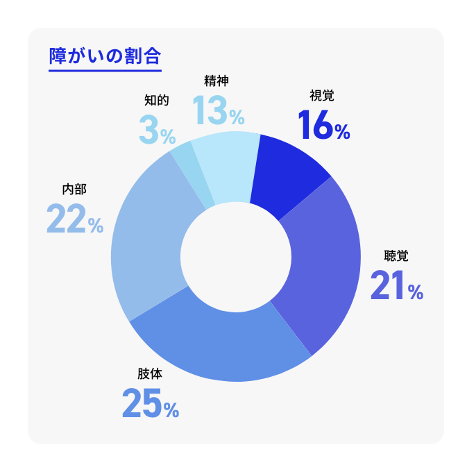 障がいの割合 視覚16%　聴覚21%　肢体25%　内部22%　知的3%　精神13%